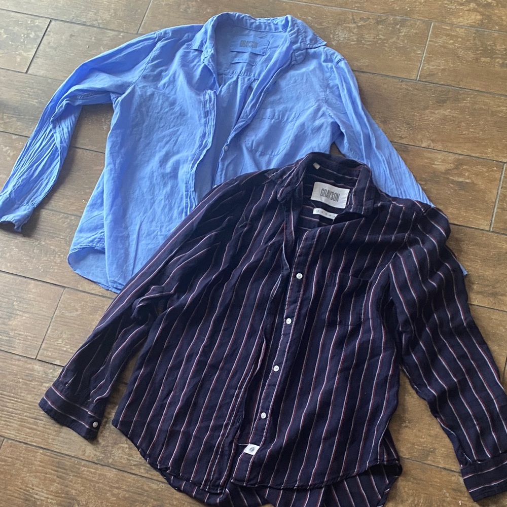 2 Grayson lightweight button downs. Size small. 1 Blue Striped, 1 chambray.